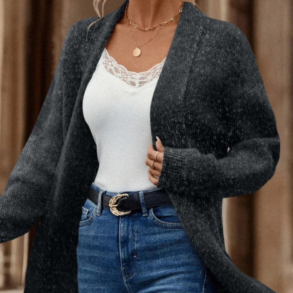 Charcoal Grey Duster Shawl Cardigan Knit Long Open Long Sleeve - Picture 7 of 9